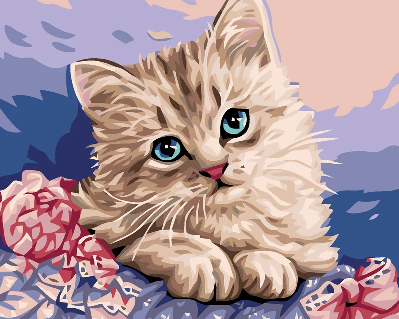 Diamond painting - KÄTZCHEN UND ROSA BLUMEN