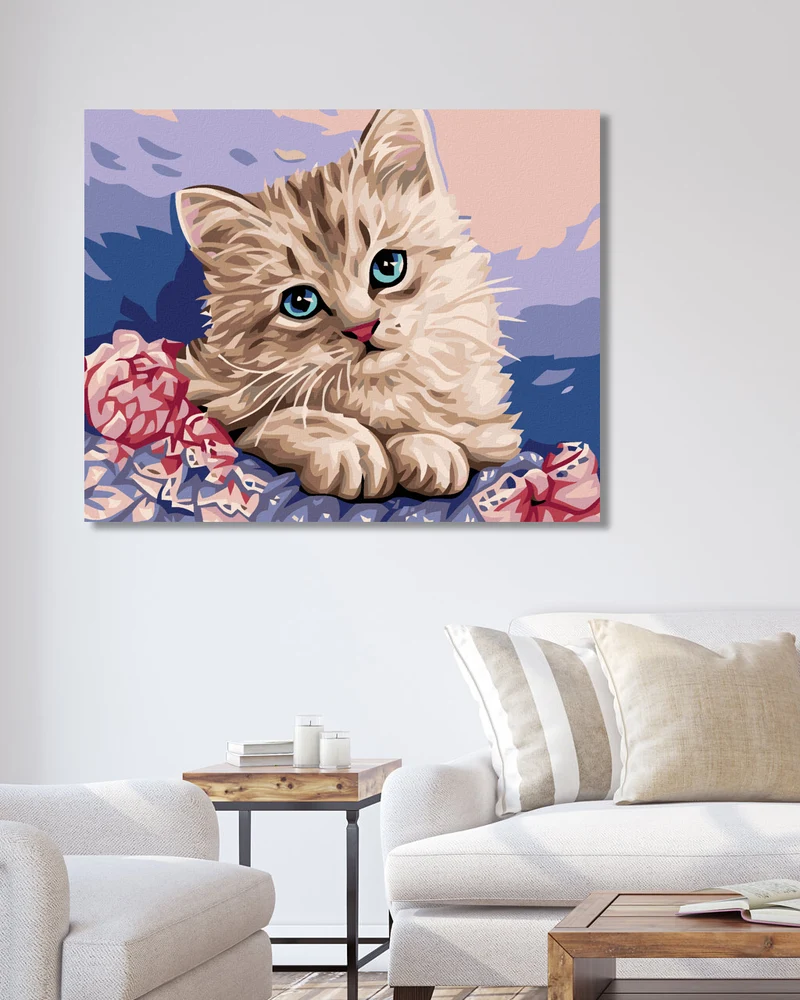 Diamond painting - KÄTZCHEN UND ROSA BLUMEN