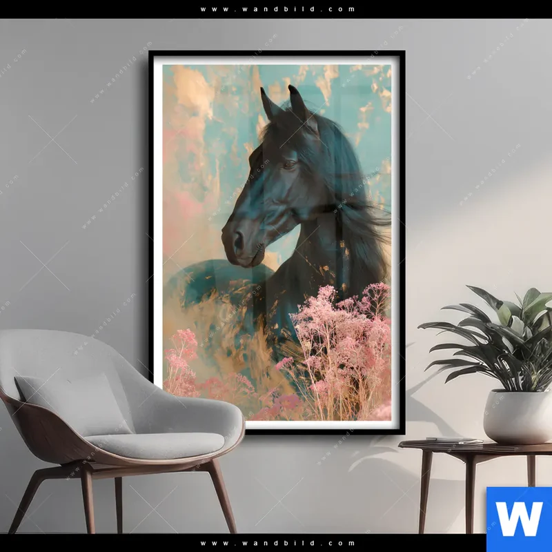 Poster | Schwarzes Pferd im Blütenmeer | Hochformat