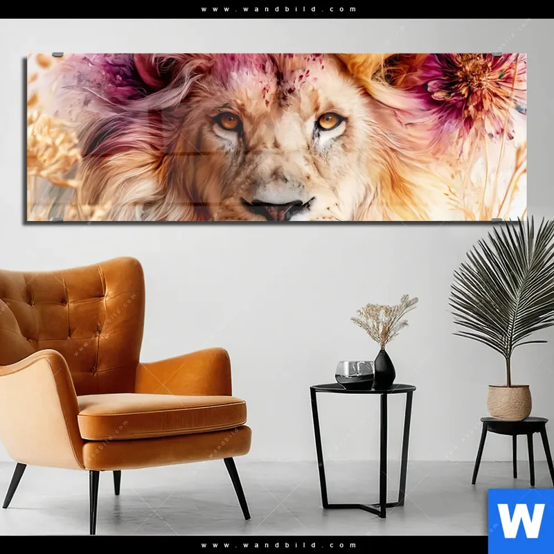Acrylglasbild | Florale Stärke – Der Löwe | Panorama