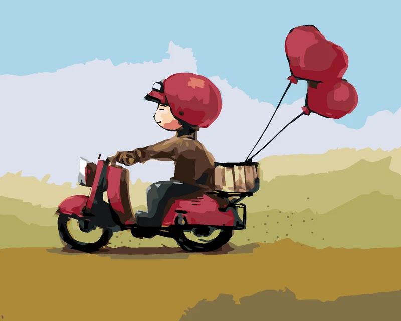 Diamond painting - JUNGE MIT HERZLUFTBALLONS AUF EINEM MOTORROLLER