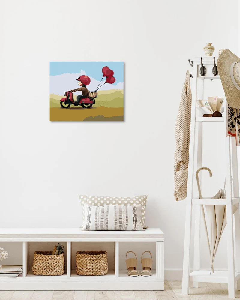Diamond painting - JUNGE MIT HERZLUFTBALLONS AUF EINEM MOTORROLLER