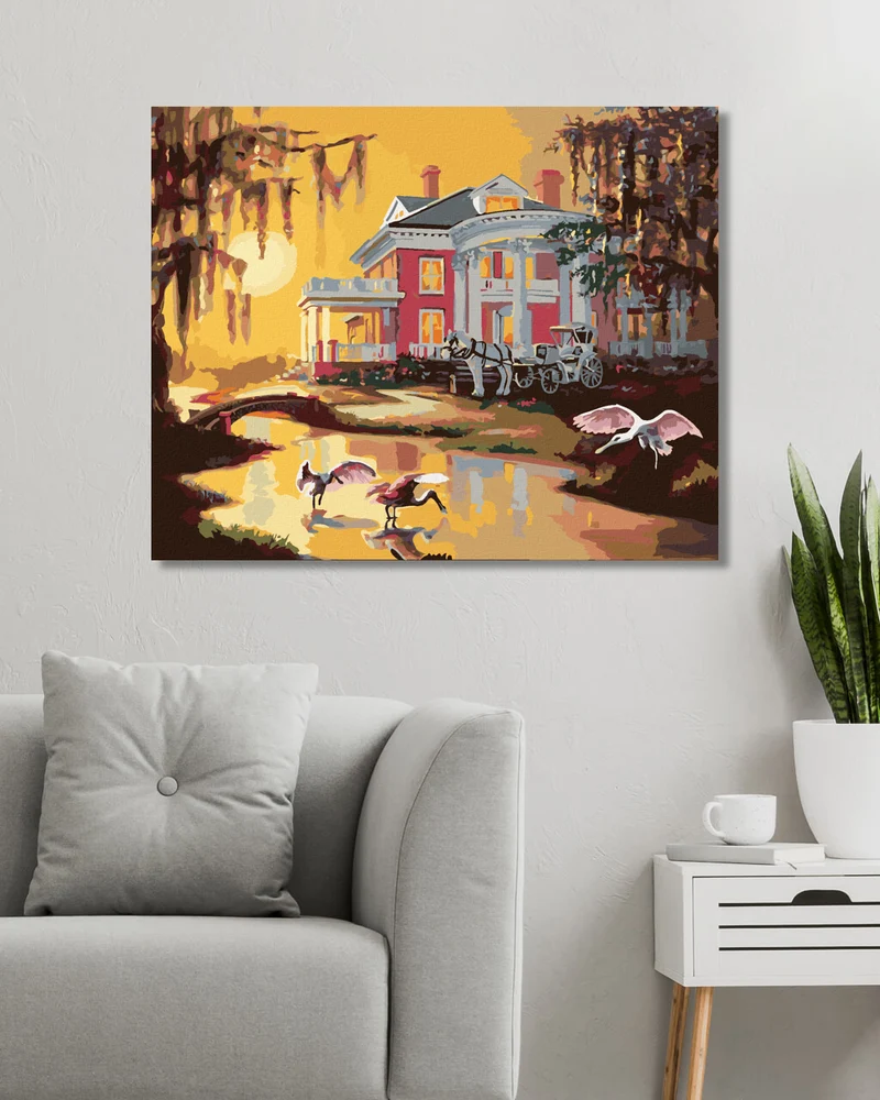 Diamond painting - KUTSCHE MIT WEISSEM PFERD AM HAUS, VÖGEL UND SONNENUNTERGANG (D. RUSTY RUST)