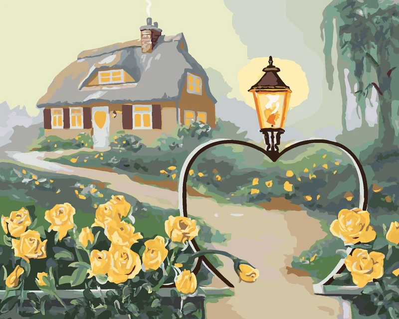 Diamond painting - GELBE ROSEN, HERZFÖRMIGES TOR MIT EINER LAMPE UND EIN HAUS (D. RUSTY RUST)
