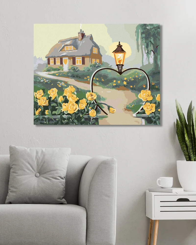 Diamond painting - GELBE ROSEN, HERZFÖRMIGES TOR MIT EINER LAMPE UND EIN HAUS (D. RUSTY RUST)
