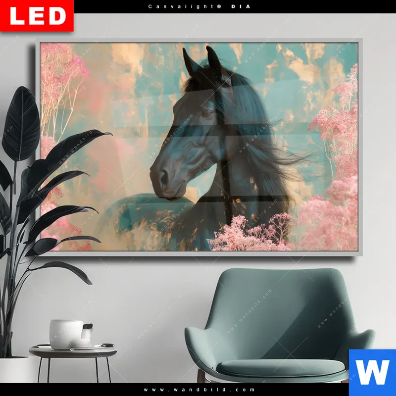 Wechselmotiv Acrylglas Canvalight® DIA | Schwarzes Pferd im Blütenmeer | Querformat