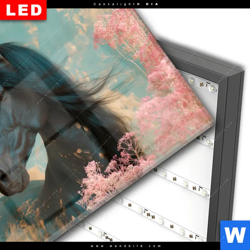 Wechselmotiv Acrylglas Canvalight® DIA | Schwarzes Pferd im Blütenmeer | Querformat