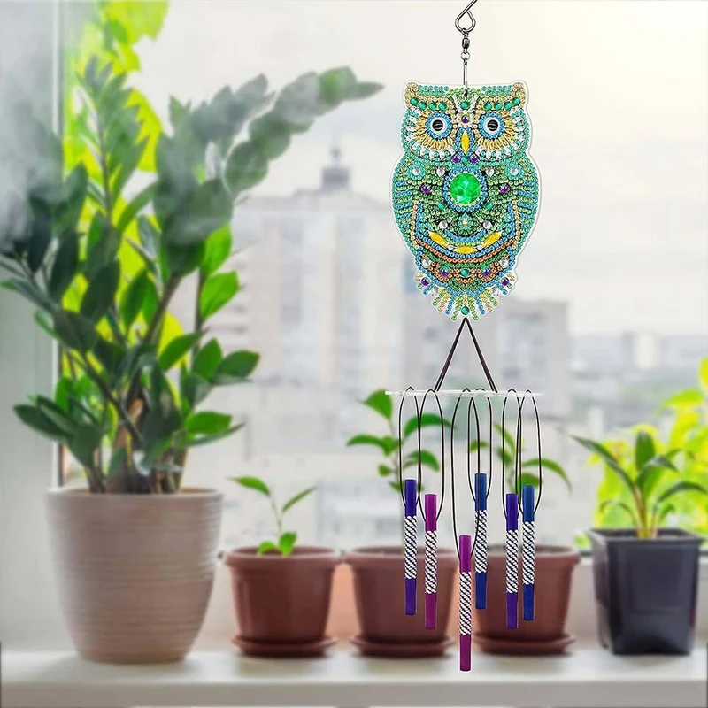 5D Diamond Painting Klang-Windspiel – Glitzernde Eule mit Klangröhren