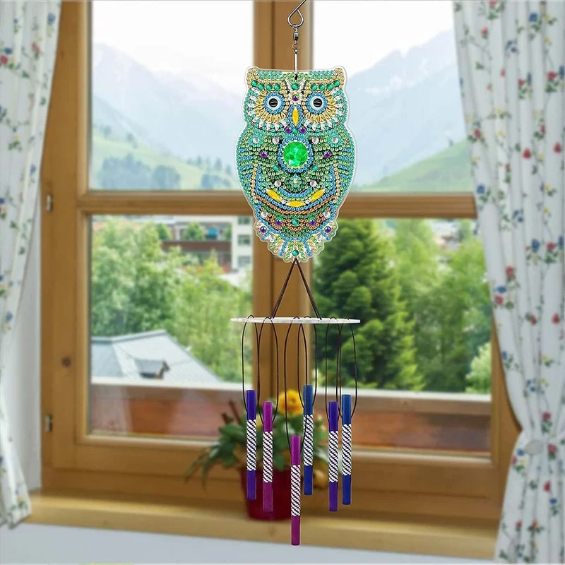 5D Diamond Painting Klang-Windspiel – Glitzernde Eule mit Klangröhren