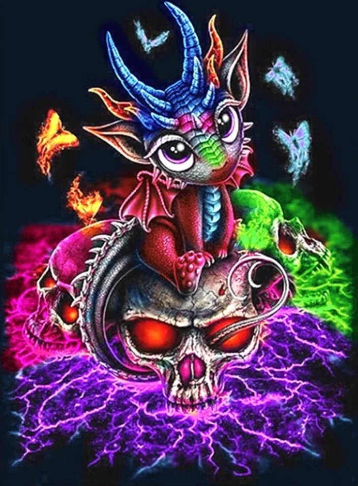 Bunter Drache sitzt auf Schädel - Voll AB 5D DIY Diamond Painting