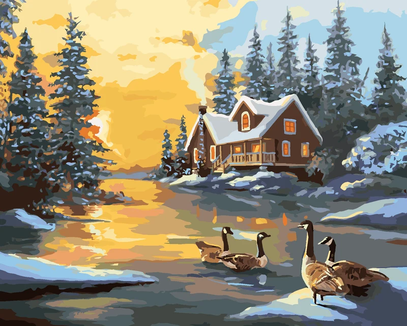 Diamond painting - ENTEN AUF DEM FLUSS BEIM SCHNEEBEDECKTEN HAUS (D. RUSTY RUST)