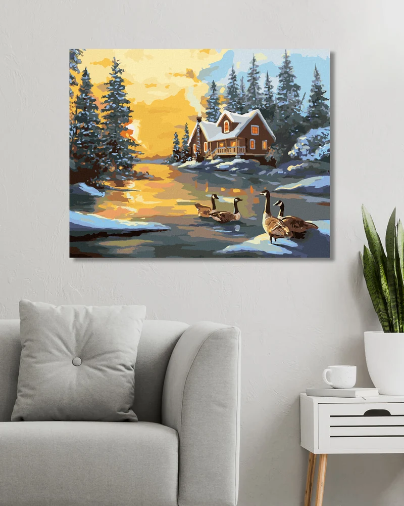Diamond painting - ENTEN AUF DEM FLUSS BEIM SCHNEEBEDECKTEN HAUS (D. RUSTY RUST)