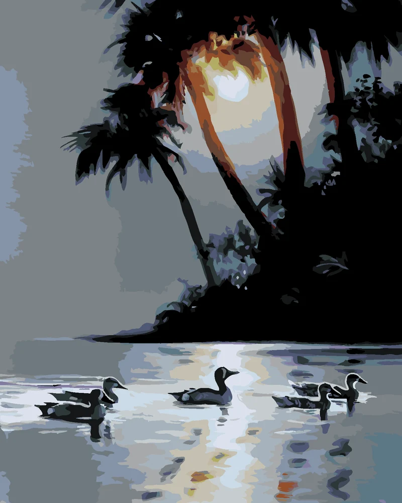 Diamond painting - ENTE, PALMEN UND SONNENUNTERGANG (D. RUSTY RUST)