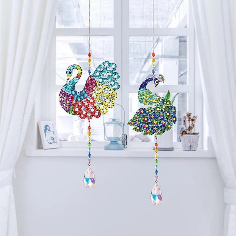 5D Diamond Painting Kristall-Windspiel – Pfauenpracht im Doppelpack