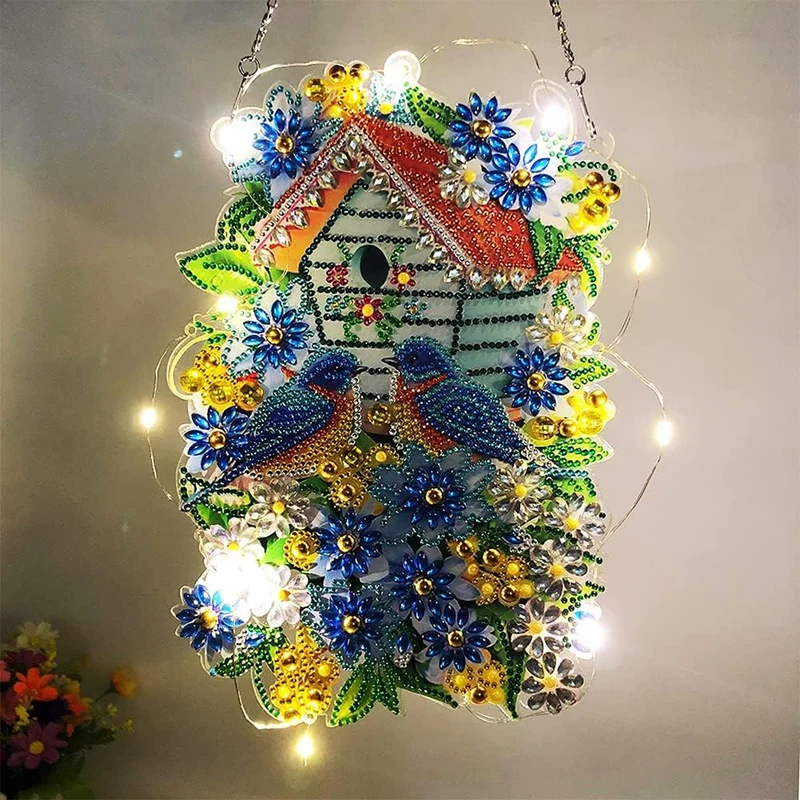 5D Diamond Painting Türanhänger Vogelhäuschen mit LED und Anhänger