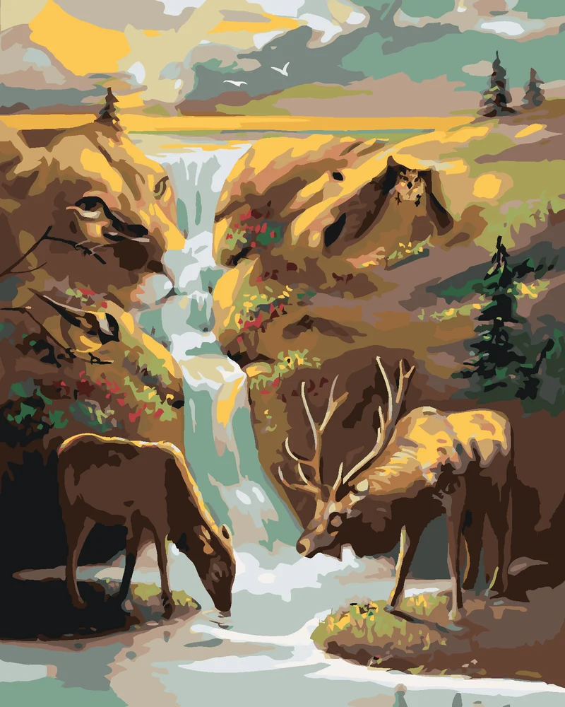 Diamond painting - HIRSCH, WASSERFALL UND SONNENUNTERGANG (D. RUSTY RUST)