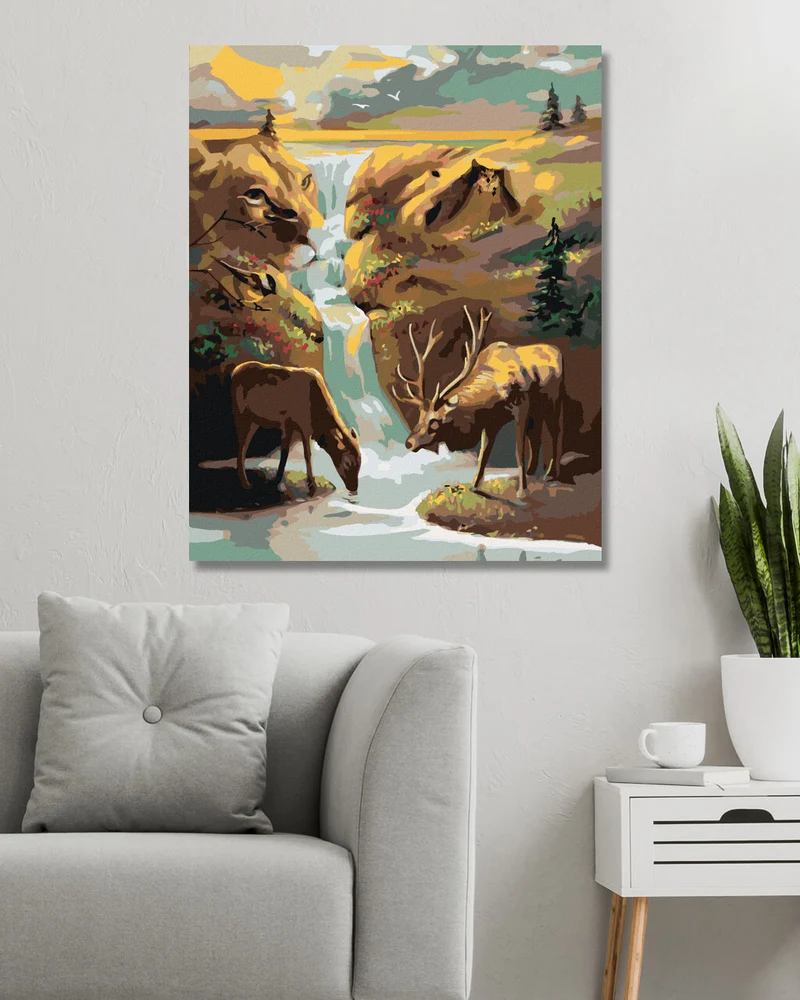 Diamond painting - HIRSCH, WASSERFALL UND SONNENUNTERGANG (D. RUSTY RUST)