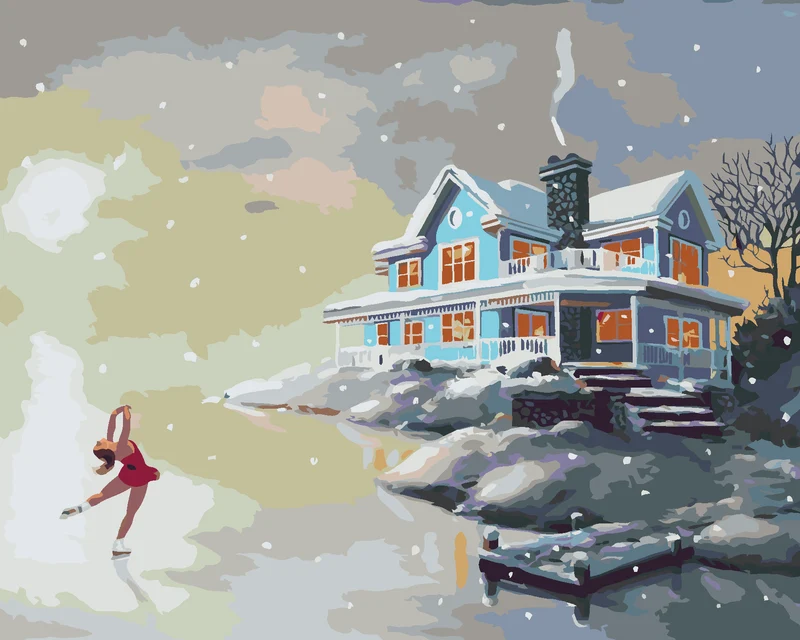 Diamond painting - EISKUNSTLÄUFERIN AUF DEM EIS AM STEG UND BLAUES HAUS (D. RUSTY RUST)