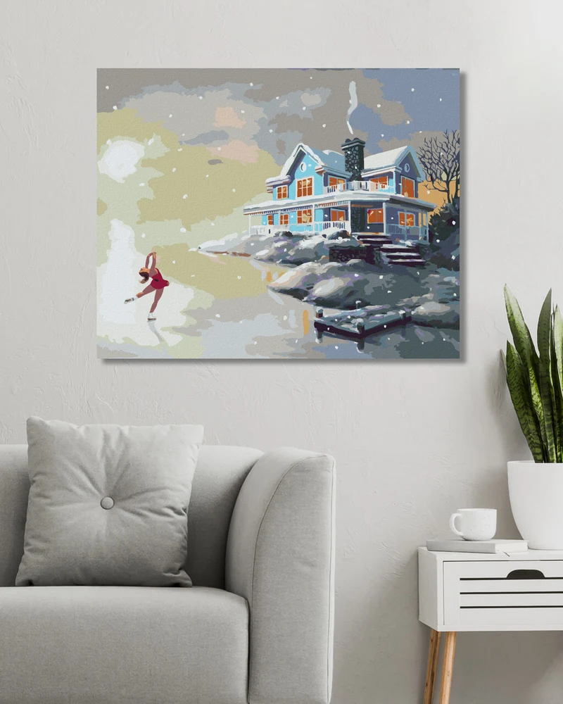Diamond painting - EISKUNSTLÄUFERIN AUF DEM EIS AM STEG UND BLAUES HAUS (D. RUSTY RUST)