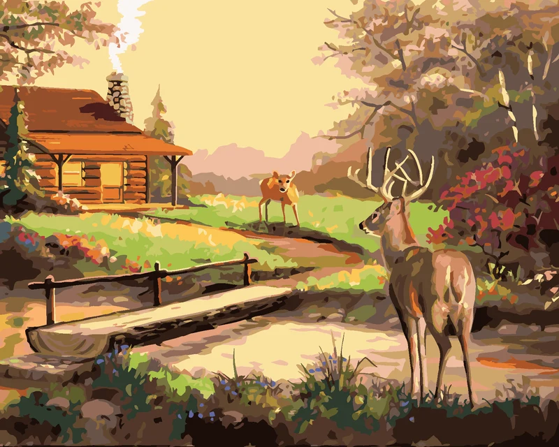 Diamond painting - HIRSCH, HÜTTE UND SONNENUNTERGANG (D. RUSTY RUST)
