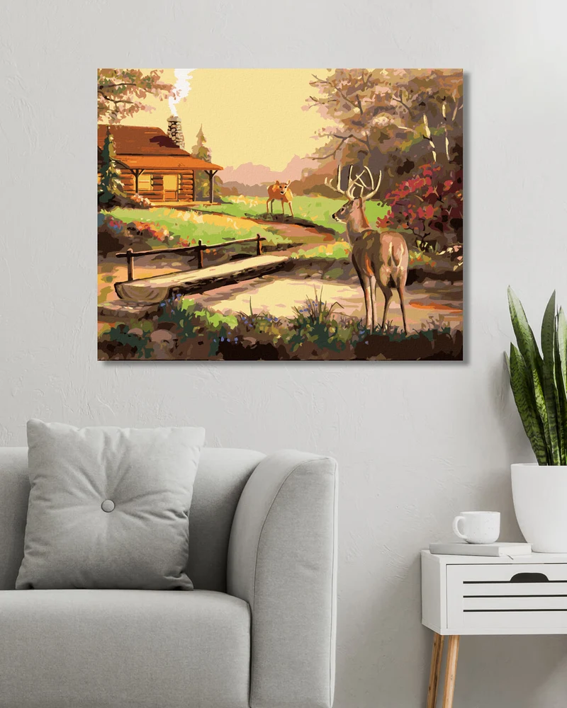 Diamond painting - HIRSCH, HÜTTE UND SONNENUNTERGANG (D. RUSTY RUST)