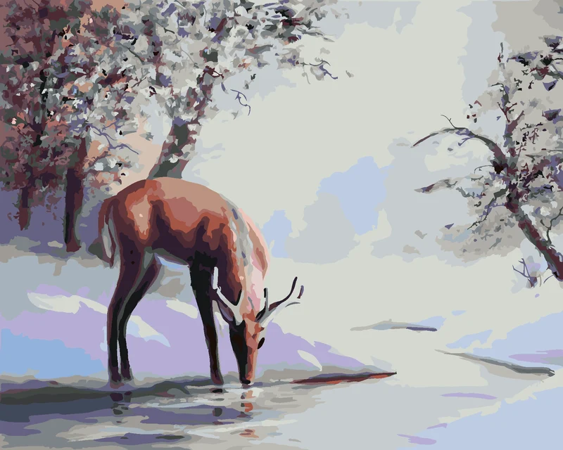 Diamond painting - HIRSCH, DER IM WINTER AUS EINEM BACH TRINKT (D. RUSTY RUST)
