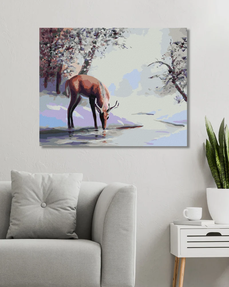 Diamond painting - HIRSCH, DER IM WINTER AUS EINEM BACH TRINKT (D. RUSTY RUST)