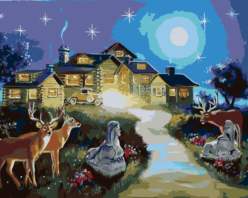 Diamond painting - HIRSCH UND HIRSCHKUH BEIM HAUS (D. RUSTY RUST)