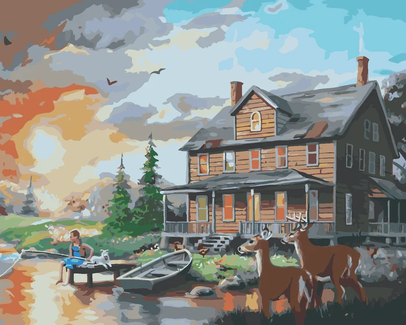 Diamond painting - HIRSCH UND HIRSCHKUH AM TEICH VOR DEM HAUS (D. RUSTY RUST)