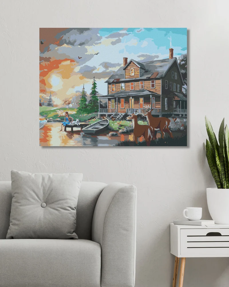 Diamond painting - HIRSCH UND HIRSCHKUH AM TEICH VOR DEM HAUS (D. RUSTY RUST)