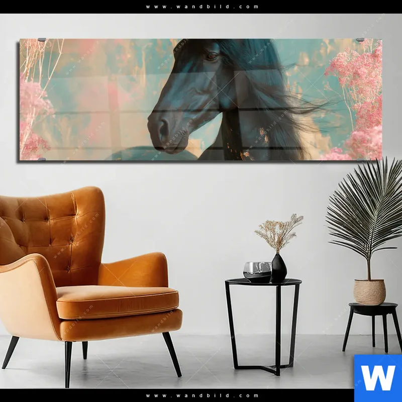 Acrylglasbild | Schwarzes Pferd im Blütenmeer | Panorama