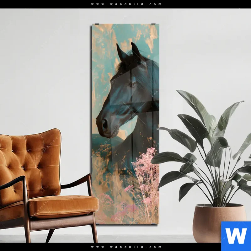 Acrylglasbild | Schwarzes Pferd im Blütenmeer | Schmal