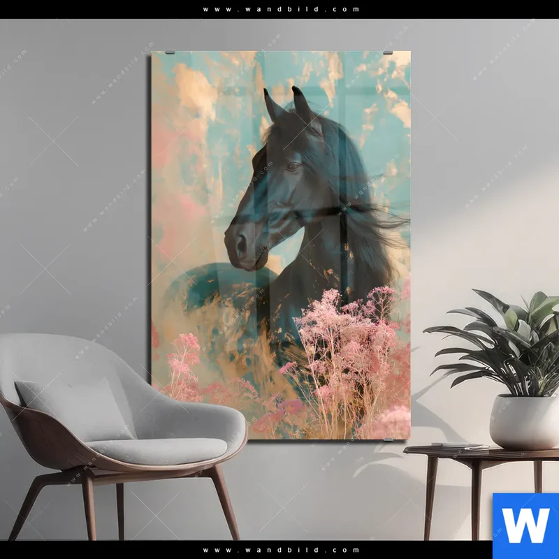 Acrylglasbild | Schwarzes Pferd im Blütenmeer | Hochformat