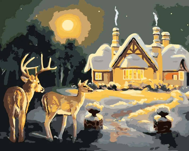 Diamond painting - HIRSCH UND RICKE BEIM SCHNEEBEDECKTEN HAUS (D. RUSTY RUST)