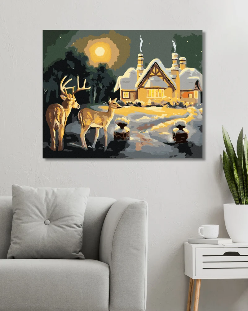 Diamond painting - HIRSCH UND RICKE BEIM SCHNEEBEDECKTEN HAUS (D. RUSTY RUST)