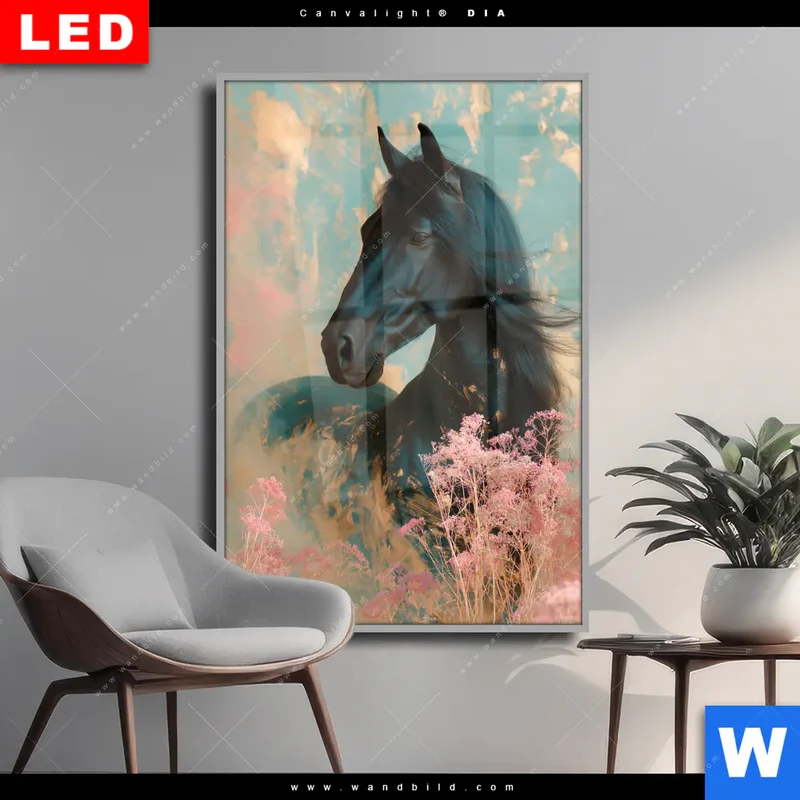 Wechselmotiv Acrylglas Canvalight® DIA | Schwarzes Pferd im Blütenmeer | Hochformat