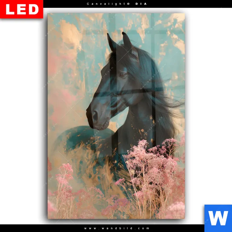 Wechselmotiv Acrylglas Canvalight® DIA | Schwarzes Pferd im Blütenmeer | Hochformat