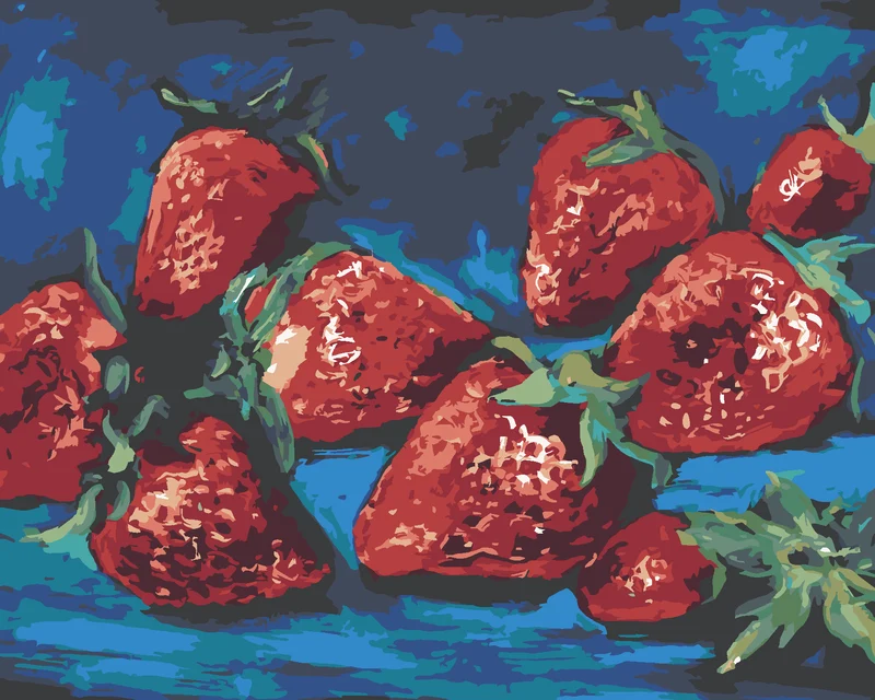 Diamond painting - ERDBEEREN AUF BLAUEM HINTERGRUND