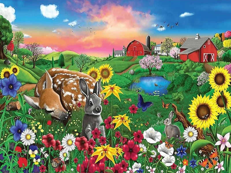 Reh und Hase auf Blumenwiese - Voll AB 5D DIY Diamond Painting