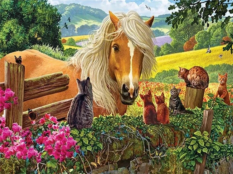 Pferd mit Katzen - Voll AB 5D DIY Diamond Painting