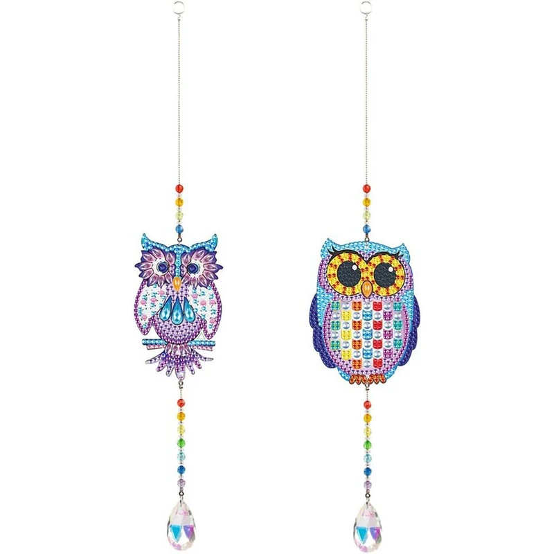 5D Diamond Painting Kristall-Windspiel – Eulen-Zauber in Lila & Regenbogenfarben