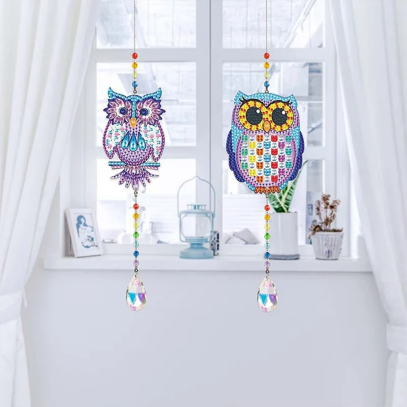 5D Diamond Painting Kristall-Windspiel – Eulen-Zauber in Lila & Regenbogenfarben