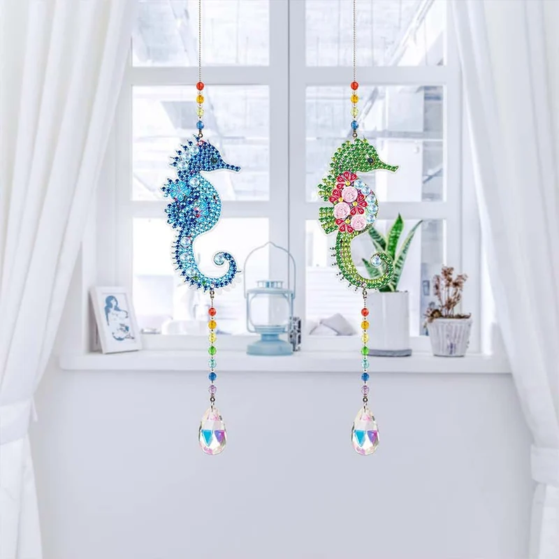 5D Diamond Painting Kristall-Windspiel – Seepferdchen-Duo im Meeresglanz