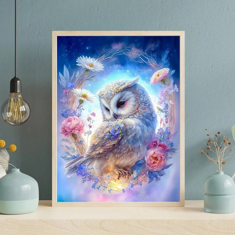 5D Diamond Painting – Eule mit Blumen