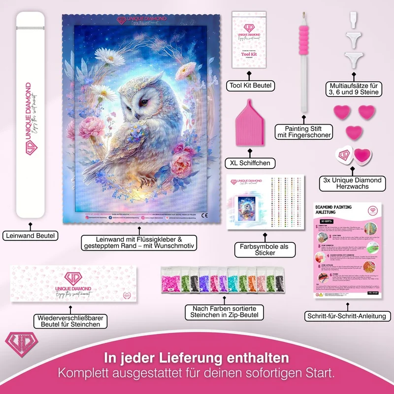 5D Diamond Painting – Eule mit Blumen