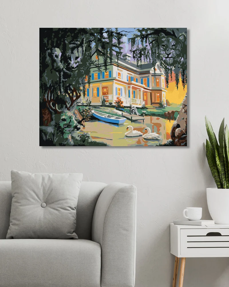 Diamond painting - ILLUSION VON TIEREN, HAUS UND SCHWÄNE AUF DEM SEE (D. RUSTY RUST)