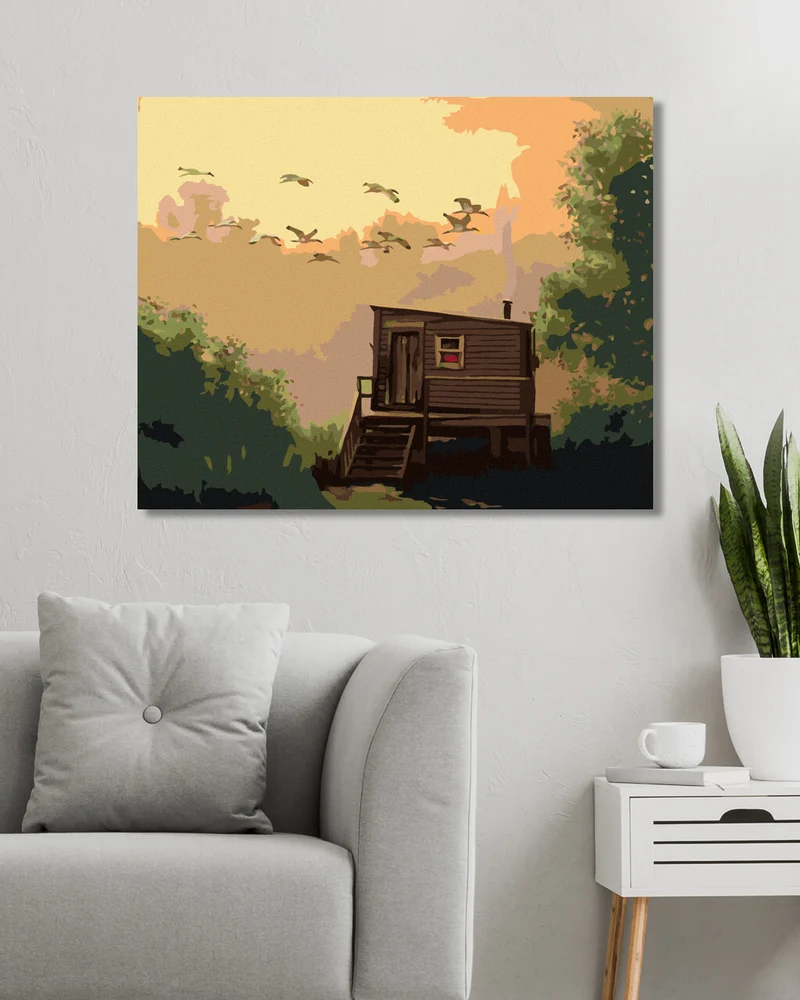 Diamond painting - IBIS FLIEGT ÜBER DIE HÜTTE (D. RUSTY RUST)