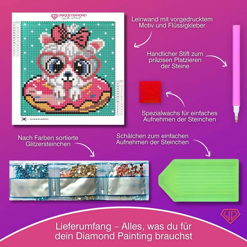 5D Diamond Painting Mini-Bild – Pudelmädchen Bella im Donut-Look
