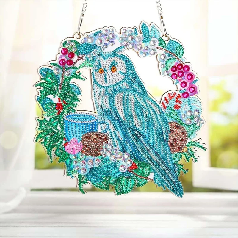 5D Diamond Painting Türanhänger Eule mit Blumen