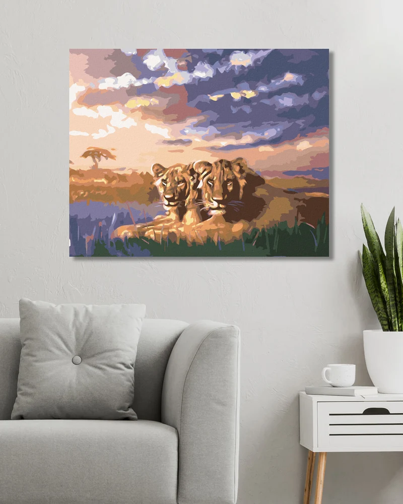 Diamond painting - ZWEI LÖWEN BEI SONNENAUFGANG (D. RUSTY RUST)